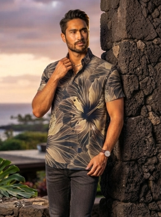 KIMO SHIRT- Hibiscus Spread Sepia