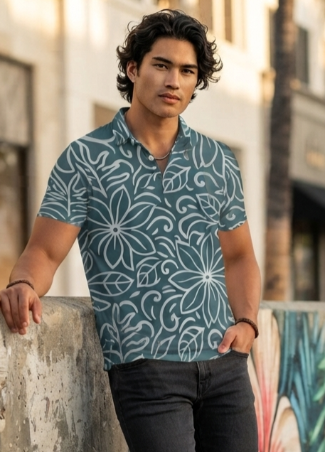 IKAIKA SHIRT- Tiare on Slate Blue
