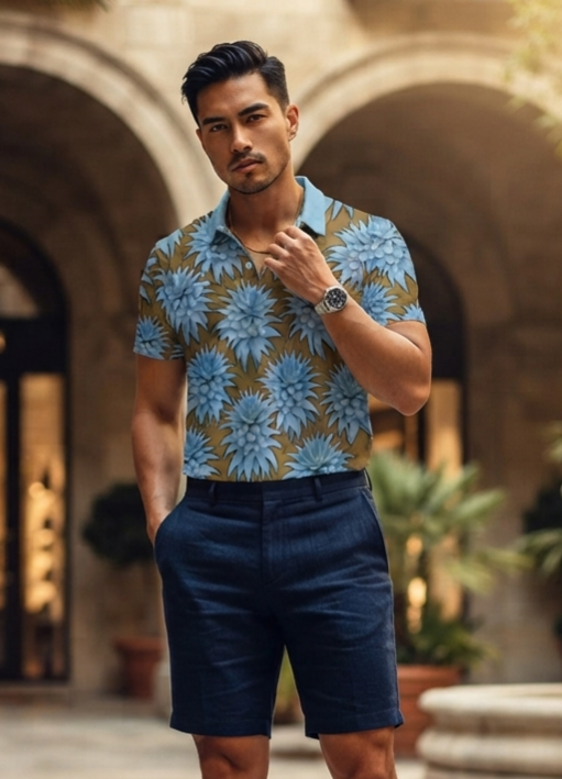 IKAIKA SHIRT- Deco Pineapple Blue on Mocha