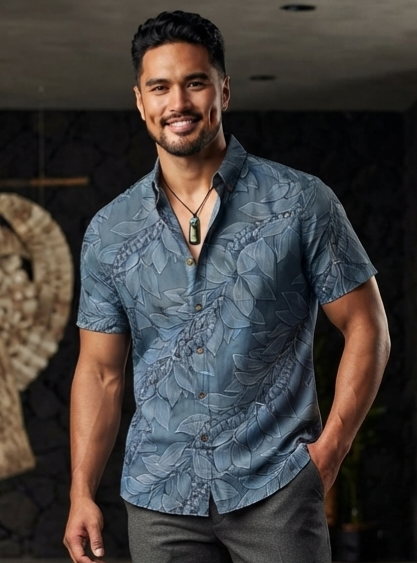 KEOLA SHIRT- Maile Mokihana Slate Blue